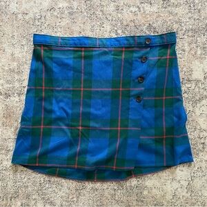 SO Schoolgirl Plaid Mini Skirt Juniors 17 Blue‎ Green Wrap Button Elastic Waist